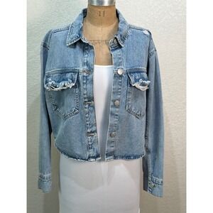 BBJ Los Angeles Distressed Light Wash Denim Jean Jacket Women's‎ Cropped Raw Hem